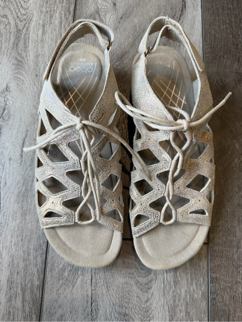 Abeo Biosystem Nicky Gold Metallic Lace-Up Cutout Slingback Sandals Beige - Picture 2 of 10